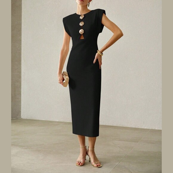 Dresses & Skirts - Black Shell Detailing Cutout Cap Sleeve Midi Sheath Dress